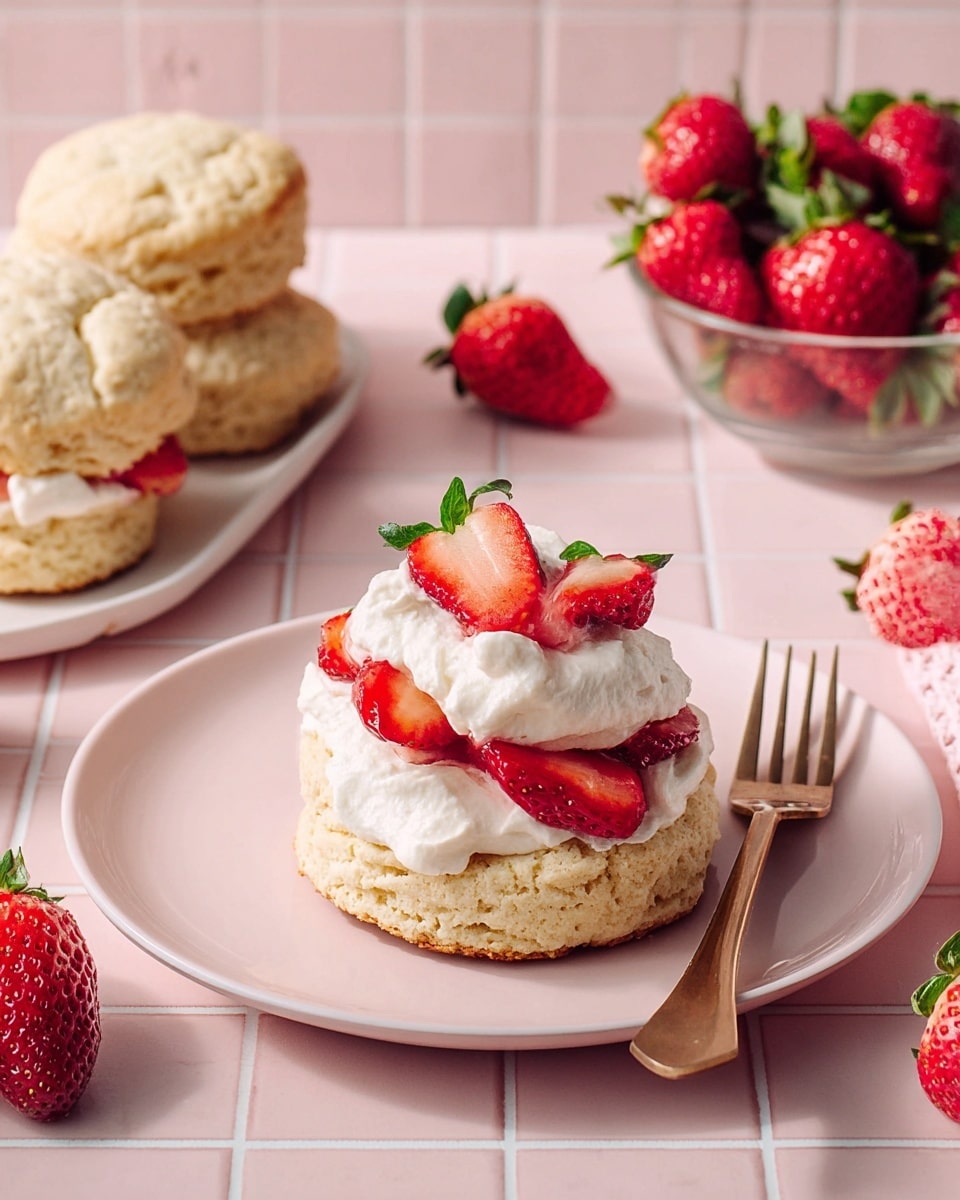 A white biscuit is split into two layers on a white plate resting on a pale pink plate, placed on a white marbled surface with pink tiles. The bottom biscuit layer is topped with a thick, fluffy white whipped cream layer, followed by a heap of bright red sliced strawberries with visible seeds and juicy texture. The top biscuit layer is slightly tilted, leaning against the strawberries, showing a soft crumb texture. A small sprig of fresh green mint sits on top of the strawberries. A rose gold fork lies to the left side of the plate. Photo taken with an iphone --ar 4:5 --v 7