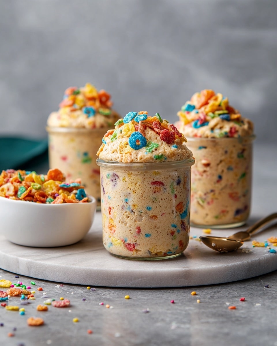 A glass jar filled with two layers of light tan cookie dough mixed with colorful rainbow sprinkles, topped with an additional large scoop of the same dough with visible pink, blue, green, and yellow sprinkles. The jar is set on a white marbled texture with scattered rainbow sprinkles around it. To the left, there is a blurred view of dark brown cookie dough in a glass jar, and to the right, there is a turquoise blue cookie dough in another glass jar with a biscuit piece sticking out. A small chocolate sandwich cookie is placed near the bottom right of the main jar. Photo taken with an iphone --ar 4:5 --v 7