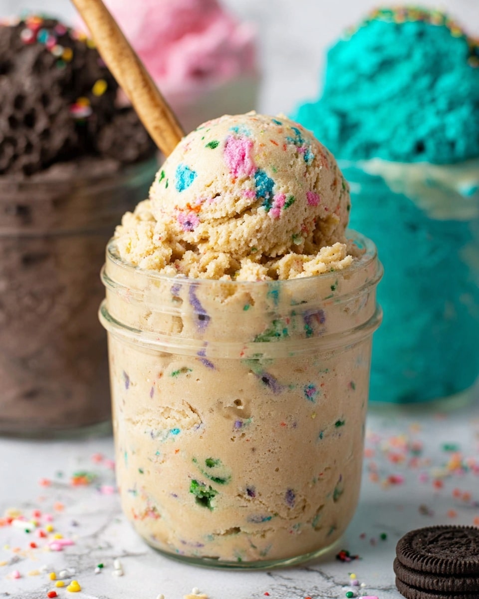 The image shows three small clear glass jars filled to the top with a light beige, crumbly batter dotted with small colorful pieces of cereal. Each jar has a rounded and slightly overflowing top layer of the same batter texture with bright red, blue, green, orange, and yellow cereal bits sticking out. The jars sit on a light gray round stone board, which rests on a white marbled surface. To the left, there is a small white bowl filled with the same colorful cereal, some spilling over onto the board. The background is softly blurred with neutral gray, green, and other colors. Photo taken with an iphone --ar 4:5 --v 7