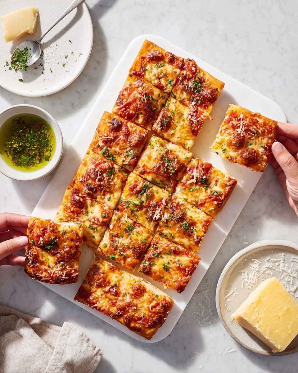 A rectangular pizza cut into ten square slices is placed on a white rectangular board. The pizza has a thick golden-brown crust with a slightly crispy texture. Each slice is topped with melted cheese that is lightly browned in spots, with visible red tomato sauce peeking through underneath. Small green herb pieces are sprinkled evenly across the top. Two woman's hands are holding slices of pizza on opposite corners of the board. Nearby, a white bowl with green herb oil and a spoon sits on the white marbled surface next to a small white plate holding a chunk of hard cheese with some grated cheese scattered around. photo taken with an iphone --ar 4:5 --v 7