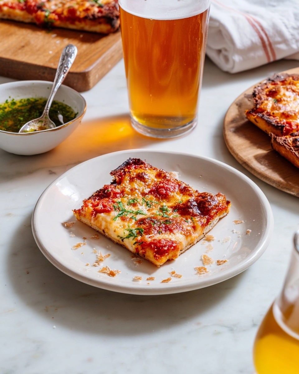 A small square slice of pizza with a golden brown crust sits on a white plate, topped with melted cheese that is lightly browned and bubbly, patches of red tomato sauce, and bits of green herbs scattered on top. Crumbs and small cheese shavings are scattered on the plate. Nearby, a tall glass of amber-colored beer with a foamy head is placed on a white marbled surface, along with a white bowl containing a green herb oil mixture with a spoon resting inside. Part of a wooden board with more pizza slices is visible in the background. photo taken with an iphone --ar 4:5 --v 7