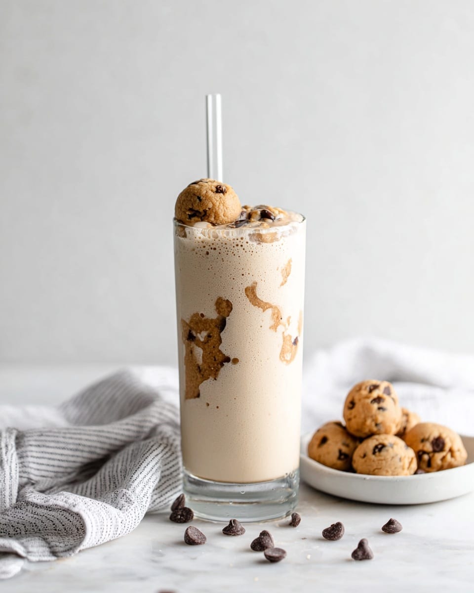 A tall clear glass filled with a creamy light beige milkshake mixed with chunky brown cookie dough pieces scattered throughout the drink. On top, the milkshake slightly overflows with smooth texture, and a whole cookie dough ball sits resting on the frothy surface. A white straw is placed inside the glass. Nearby, a white ceramic plate holds more cookie dough balls, while a few chocolate chips are scattered on the white marbled surface, which is partially covered by a light grey and white striped cloth. photo taken with an iphone --ar 4:5 --v 7