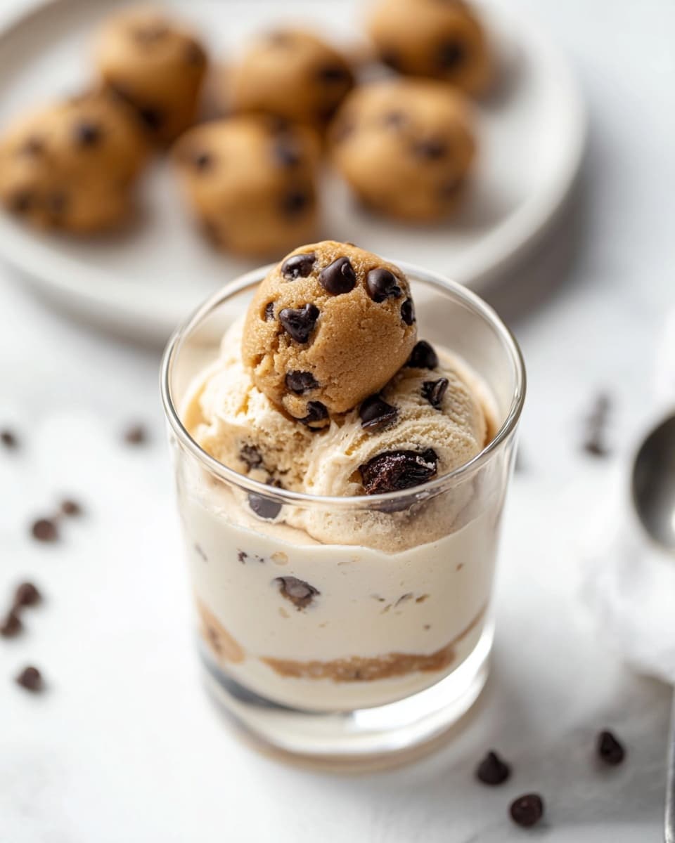A clear glass shows three layers: the bottom layer is a smooth, creamy white base, the middle thick layer is light beige with a soft, ice cream-like texture, and on top there is a round scoop of light brown cookie dough mixed with dark chocolate chips, some more cookie dough pieces are slightly submerged in the creamy layer. In the background, several more cookie dough balls rest on a white plate on a white marbled surface, with a spoon partly visible at the bottom right. photo taken with an iphone --ar 4:5 --v 7