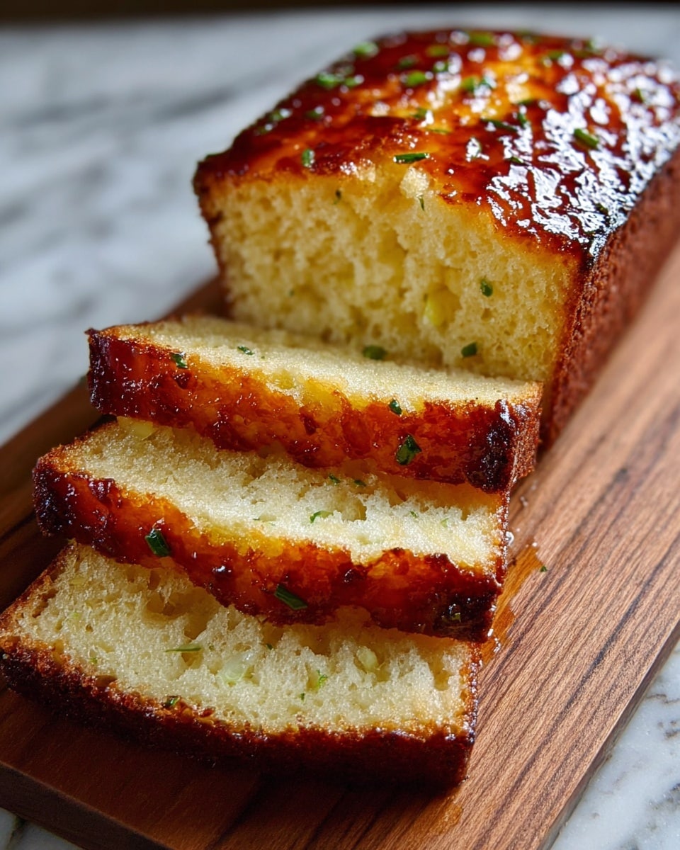 A loaf of pound cake is shown on a wooden board with three slices cut and laid out in front. The cake has a golden-brown crust with a slightly shiny, caramelized top that is dotted with small green herb pieces. Inside, the cake is light yellow with a soft, moist texture and small air pockets. The edges of each slice have a darker, crispier crust that contrasts with the tender inside. The wooden board rests on a white marbled surface. photo taken with an iphone --ar 4:5 --v 7