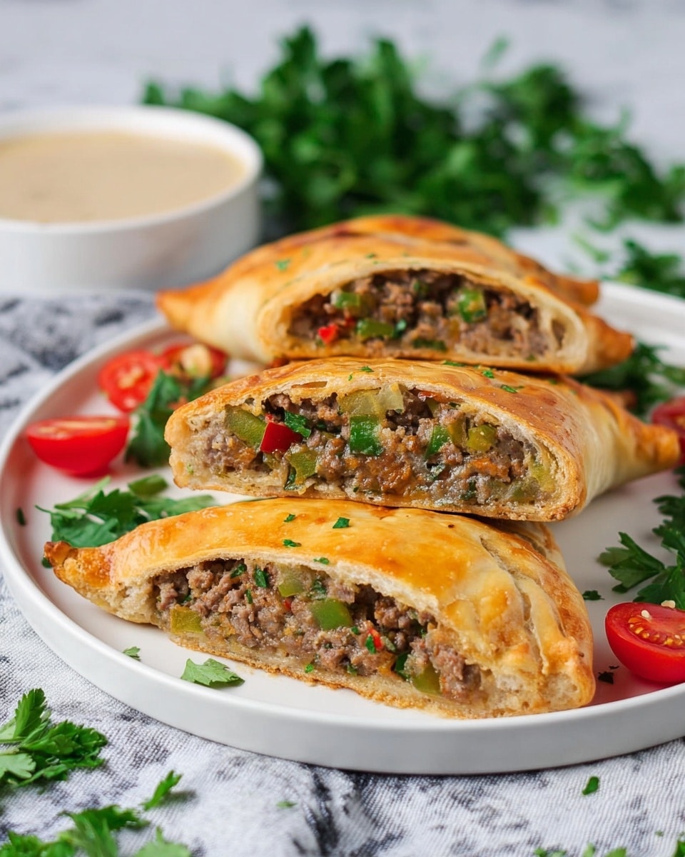 Three pieces of stuffed bread with golden brown crust sit on a white plate placed on a white marbled texture. Each piece is cut open to show the inside layers of minced meat mixed with green herbs, diced green bell peppers, onions, and small bits of red pepper, creating a colorful, moist filling. The outer crust looks thin, slightly crispy, and flaky with a shiny surface. The plate is garnished with fresh green parsley leaves and halved cherry tomatoes that are bright red with juicy texture. In the background, there is a small white bowl with beige sauce and some green leafy herbs. photo taken with an iphone --ar 4:5 --v 7