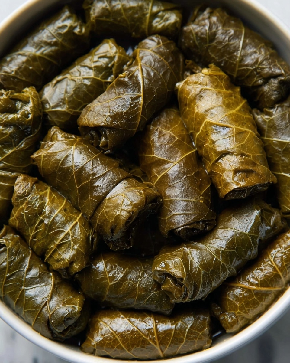 A close-up view of a white bowl filled with tightly rolled grape leaves arranged in a circular pattern, showing layers of shiny, dark green leaves wrapped smoothly around the filling, with visible veins and a slight gloss from moisture. The rolls are packed closely together, varying slightly in size but consistent in color and texture, giving a uniform and neat appearance. The background surface is a white marbled texture. photo taken with an iphone --ar 4:5 --v 7