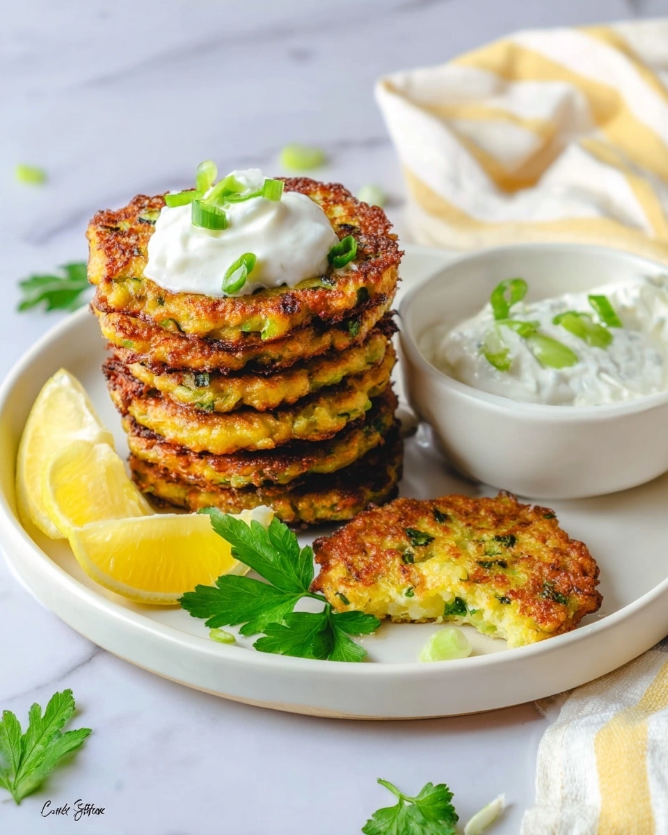 A stack of seven golden-brown fritters with a crispy texture sits on the left side of a white plate with a white marbled background, topped with a dollop of white sour cream and sprinkled with chopped green herbs. To the right of the stack, a small white bowl filled with thick white sour cream garnished with chopped green onions sits close by. In front of the stack, two lemon wedges and a sprig of fresh green parsley rest on the plate. To the right, one fritter is placed flat, showing a slightly browned crust, while a quarter piece sits next to it, revealing a soft, pale green inside. A soft white towel with yellow stripes is partially visible in the background. Photo taken with an iphone --ar 4:5 --v 7