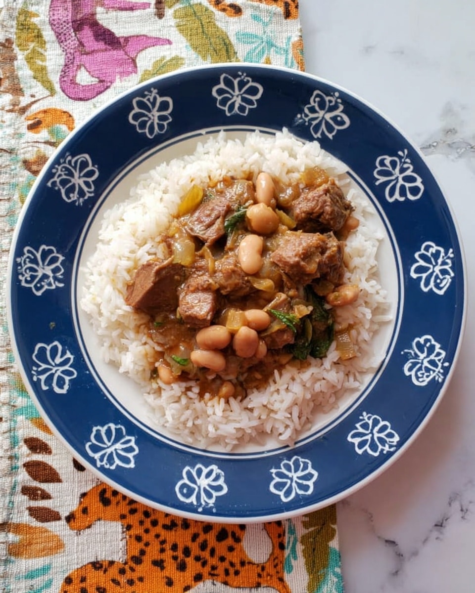 A white plate with a blue rim decorated with white flower patterns holds a dish of white rice spread evenly as the base layer. On top of the rice is a chunky stew made of brown meat pieces and light beige beans mixed with small green leafy bits and bits of yellow vegetable, all combined in a brown sauce. The plate is set on a white marbled surface partially covered by a colorful cloth with animal and leaf designs. Photo taken with an iphone --ar 4:5 --v 7