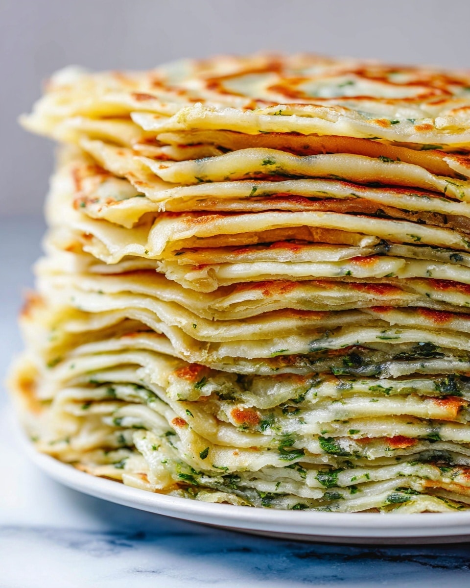 A tall stack of flatbread with multiple thin layers is shown close up, each layer alternating between light golden-brown cooked dough and a speckled green herb filling, with some layers having melted white cheese in between; the edges of the flatbread are slightly crispy and uneven, with the green filling visible in thin lines between the soft, folded layers. The stack rests on a white plate set on a white marbled surface. photo taken with an iphone --ar 4:5 --v 7