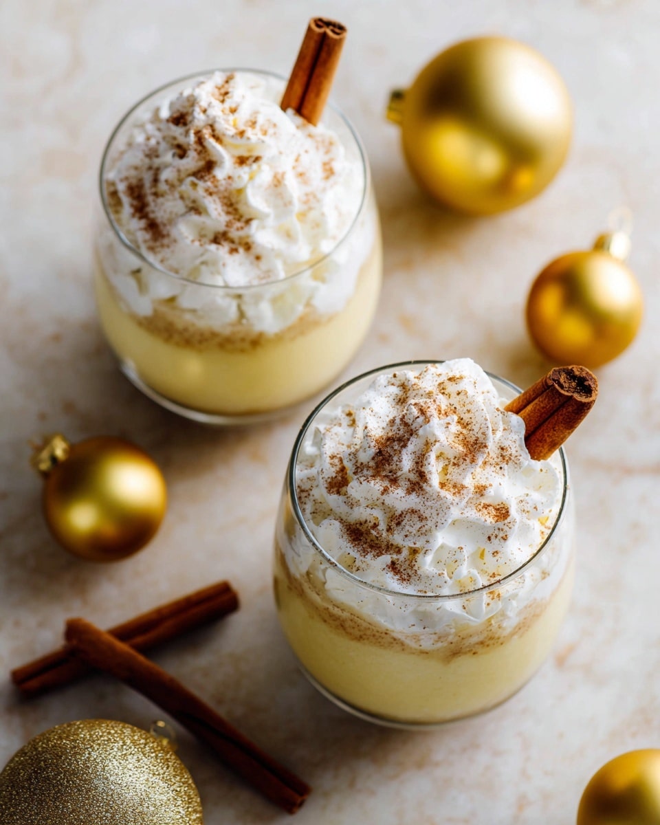 The image shows two clear glass cups filled with a creamy beige drink topped with thick white whipped cream, which is sprinkled with a light dusting of brown spice on top. Each cup has a brown cinnamon stick placed vertically inside, slightly leaning out. The background is a white marbled texture with scattered golden and brown Christmas ornaments and a cinnamon stick lying flat, adding a festive touch. Photo taken with an iphone --ar 4:5 --v 7