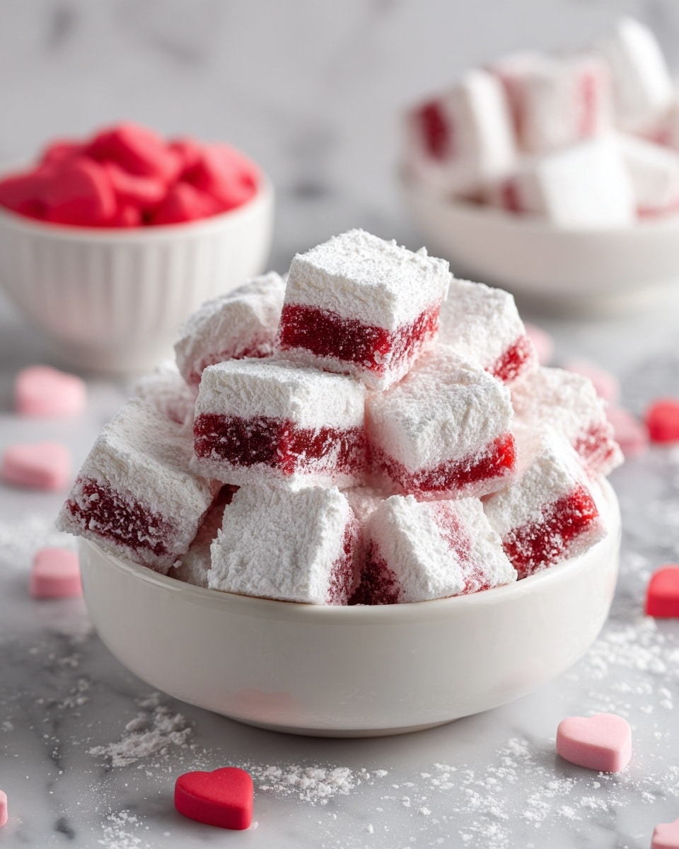 A white bowl filled with a mix of small square and cylindrical cereal pieces coated heavily in white powdered sugar, creating a dusty texture on top. Interspersed throughout the cereal are shiny red candy pieces, some round and some oval, adding bright pops of color. The bowl is set against a soft, out-of-focus white marbled surface with hints of red shapes in the background that complement the candy colors. The close-up view highlights the powder’s texture and the glossy candy shine. photo taken with an iphone --ar 4:5 --v 7