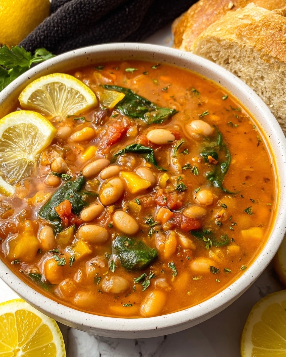 A close-up of a white bowl filled with thick soup containing two layers; the first layer is a bright orange broth with visible tomatoes and yellow bell peppers, and the second layer on top consists of mixed beans in brown and white colors, along with spinach leaves and small pieces of green herbs scattered all over. There are two lemon wedges placed on the left edge of the bowl. Outside the bowl, there is some bread on the bottom right and a whole lemon and lemon slices on the white marbled surface around the bowl. Photo taken with an iphone --ar 4:5 --v 7
