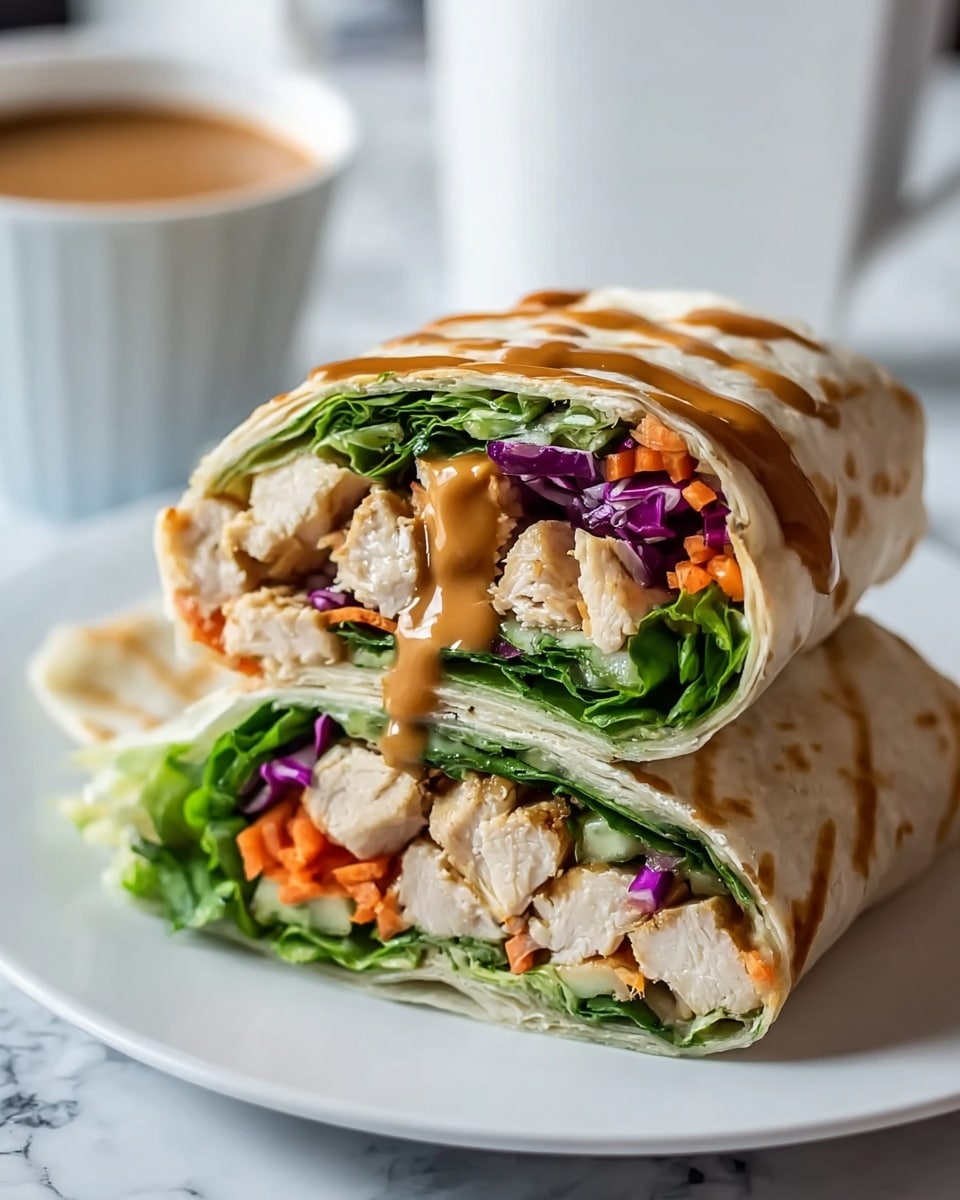 Two halves of a chicken wrap are stacked on a white plate, showing three main layers inside each wrap. The bottom layer consists of fresh green leafy lettuce, followed by a middle layer of chopped red cabbage and thin orange carrot strips. The top layer has chunks of cooked chicken breast with a light brown sauce drizzled over it. The wraps are made of a soft white tortilla with light grill marks. In the background, a blurry white cup with light brown liquid adds to the setting, all placed on a white marbled surface. photo taken with an iphone --ar 4:5 --v 7