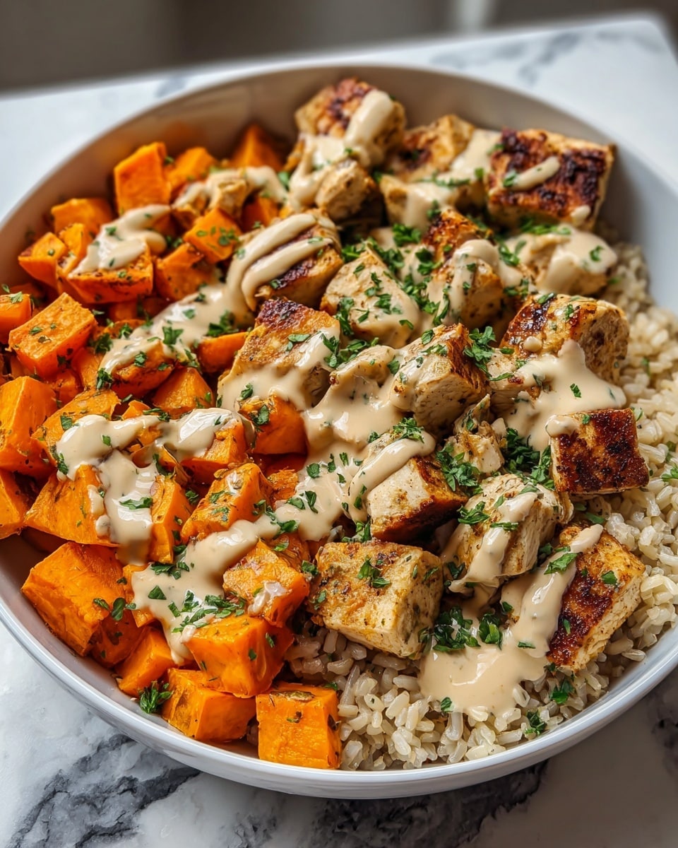 A white bowl filled with three main layers: at the bottom is a layer of light brown cooked rice with a soft texture, on the left side there is a thick layer of bright orange roasted sweet potato cubes with a slightly crispy surface, and on the right side and center is a layer of grilled chicken pieces that are golden brown with grill marks. A creamy beige sauce is drizzled over the chicken and sweet potatoes unevenly, and the dish is finished with a sprinkle of finely chopped green herbs on top, all placed on a white marbled surface. photo taken with an iphone --ar 4:5 --v 7
