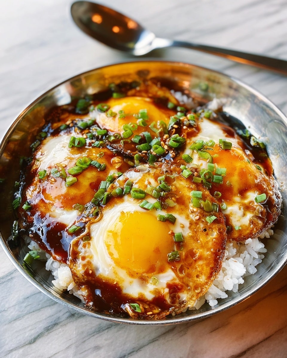 A shiny metal bowl holds a serving of white rice at the bottom, topped with three fried eggs with bright yellow yolks and slightly crispy white edges. The eggs are covered with a glossy dark brown sauce that gives a rich shine and small green chopped onions sprinkled all over the top. Some dark green vegetable pieces peek out from under the eggs near the bottom edge. In the background, a shiny metal spoon rests on a white marbled surface. photo taken with an iphone --ar 4:5 --v 7
