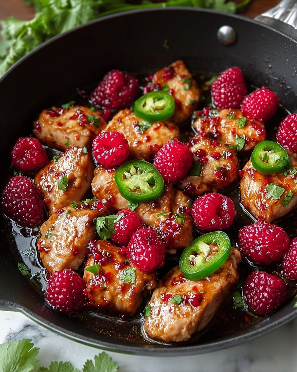 A close-up view of a black pan filled with cooked chicken pieces that have a golden-brown grilled texture and glossy sauce coating them. Scattered on top and around the chicken are bright red raspberries and small green cilantro leaves adding bursts of color. A few slices of fresh green jalapeño with visible seeds sit among the chicken, enhancing the visual contrast. The pan rests on a white marbled surface with a hint of green cilantro leaves near the edge. photo taken with an iphone --ar 4:5 --v 7