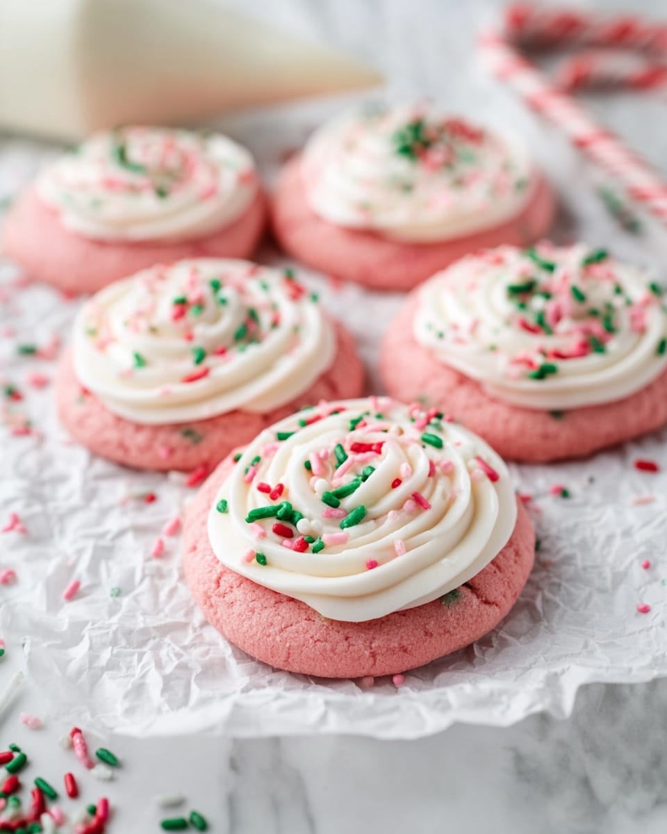 Several thick, soft-looking pink cookies are placed on a crumpled white paper over a white marbled surface. Each cookie has a smooth, white icing swirl on top, decorated with small colorful sprinkles in green, pink, red, and white. The background includes a few more cookies and scattered sprinkles, giving a fresh, homemade feel. A piping bag with white icing is slightly blurred in the background. Photo taken with an iphone --ar 4:5 --v 7