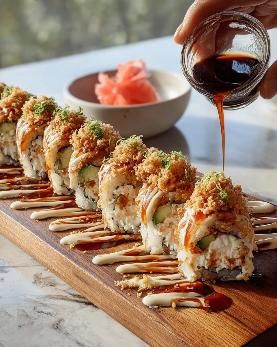 A row of eight sushi rolls sits on a long, narrow black stone plate placed on a white marbled surface. Each roll has a white rice outer layer with some specks of black seaweed peeking through, and the top is covered with golden brown crunchy crumbs and drizzled with light orange and dark brown sauces. Small green herb sprigs garnish the top of the sushi, adding a fresh touch. On the left side of the plate, there is a small dollop of bright green wasabi, and in the background, a small, round black bowl holds a dark brown sauce. The lighting softly highlights the textures and colors, making the sushi look fresh and delicious. photo taken with an iphone --ar 4:5 --v 7