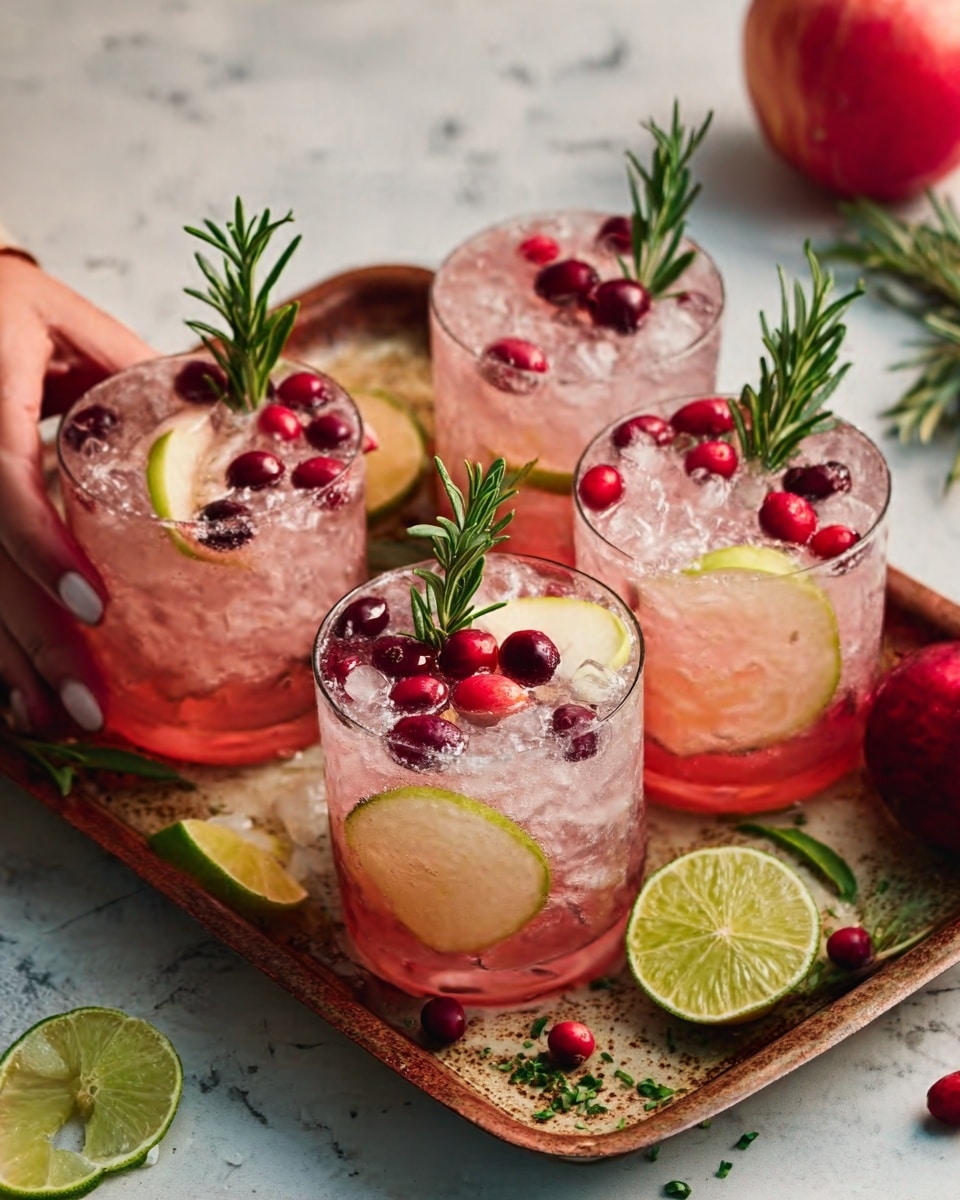 The image shows four white glasses filled with a pink, crushed ice drink topped with several red cranberries and small slices of pale yellow apple. Each glass has a green rosemary sprig placed vertically, adding a touch of texture and height. The glasses are arranged on a brown tray with a slightly textured surface, which sits on a white marbled background. Around the tray, slices of lime, a whole red apple, and green herbs are visible, adding colorful accents to the scene. A woman’s hand is holding one glass. photo taken with an iphone --ar 4:5 --v 7