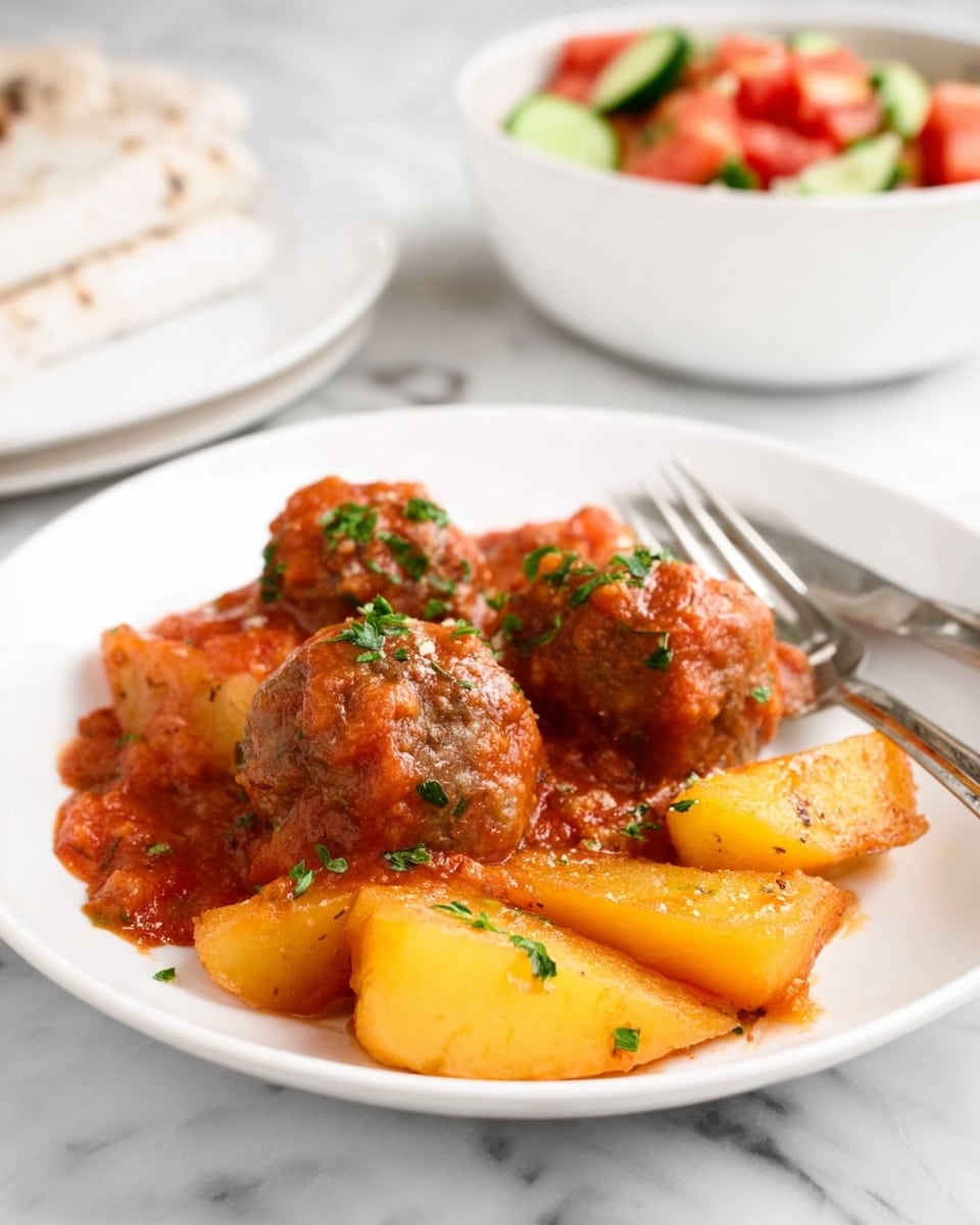 A white plate holds a dish with three round meatballs covered in thick red tomato sauce with green herb bits, placed on top of chunky yellow potato wedges also coated in sauce; the sauce looks smooth and rich, garnished with small green parsley pieces. A silver fork rests near the edge of the plate, touching one potato wedge. In the background, there is a white bowl with a salad that has red tomatoes and green cucumber slices and a white marbled surface underneath. Photo taken with an iphone --ar 4:5 --v 7