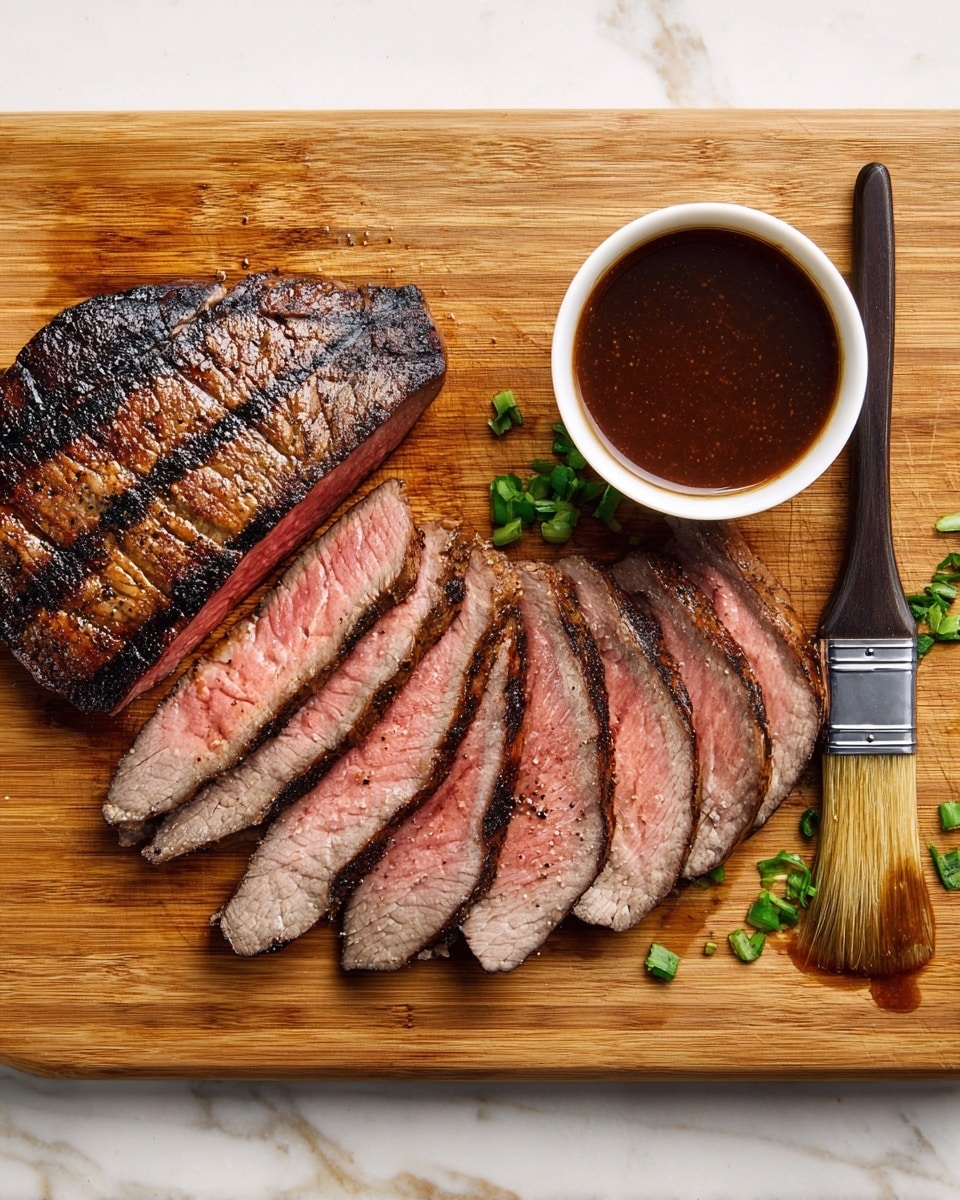 A wooden board holds a grilled steak being brushed with a shiny dark brown sauce using a brush with a wooden handle. Above the steak, five slices of the steak are neatly spread out, showing a gradient from dark grilled crust on the edges to pink and juicy inside. To the left, there is a white bowl filled with more dark brown sauce, and to the bottom right, another white bowl is packed with fresh chopped green herbs. The whole scene is set on a white marbled surface. photo taken with an iphone --ar 4:5 --v 7