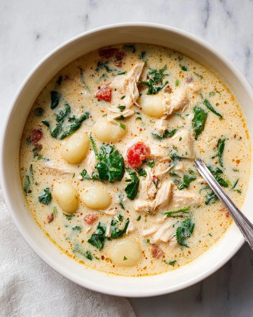 A bowl of creamy soup shows several layers, starting with a light beige creamy broth speckled with tiny bits of herbs and spices. Within the broth, there are small, round, pale yellow gnocchi pieces evenly spread out. Shredded light pink chicken pieces mix throughout the soup, along with bright green spinach leaves that add fresh color. Small chunks of red tomato pieces are visible, giving contrast to the otherwise pale colors. The soup is served in a white bowl on a white bowl, placed on a white marbled surface, with a silver spoon resting inside the bowl. Photo taken with an iphone --ar 4:5 --v 7