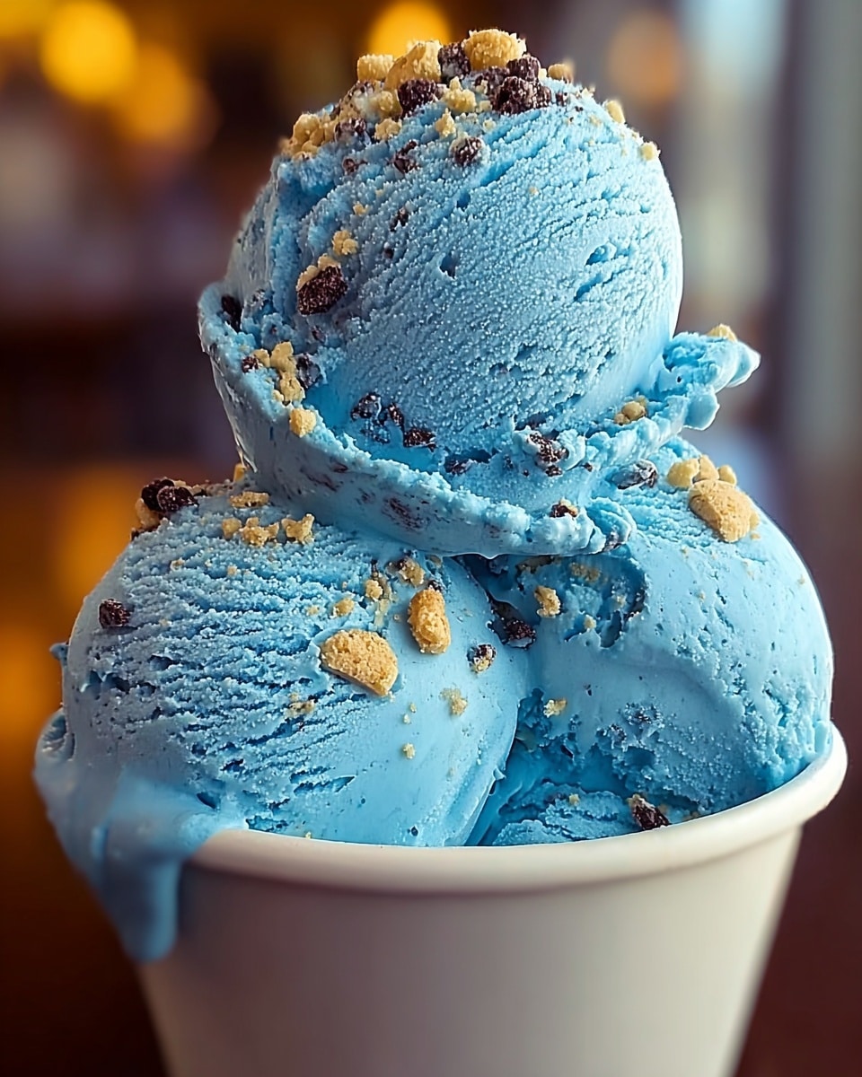 A close-up view of three scoops of bright blue ice cream with small dark specks mixed in, piled high inside a white cup. The ice cream has a smooth and creamy texture with some soft ridges made by scooping. Small light brown nut pieces are scattered on top and around the ice cream, adding a crunchy detail. The ice cream fills the cup and slightly overflows from the rim. The background is softly blurred, giving focus to the ice cream's vivid color and texture. Photo taken with an iphone --ar 4:5 --v 7