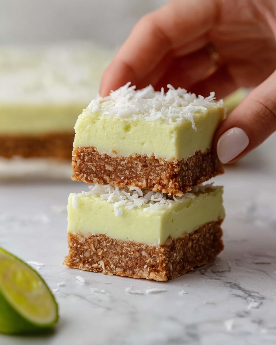 The image shows two square dessert bars stacked on a white marbled surface, each having two layers. The bottom layer is a thick, textured brown crust that looks crumbly and dense with visible bits of coconut. The top layer is a smooth, light green creamy filling, topped with a sprinkling of shredded coconut. A woman’s hand is gently holding the top bar, lifting it slightly from the stack. In the lower left corner, a halved lime is partially visible, adding a fresh touch to the scene. Photo taken with an iphone --ar 4:5 --v 7