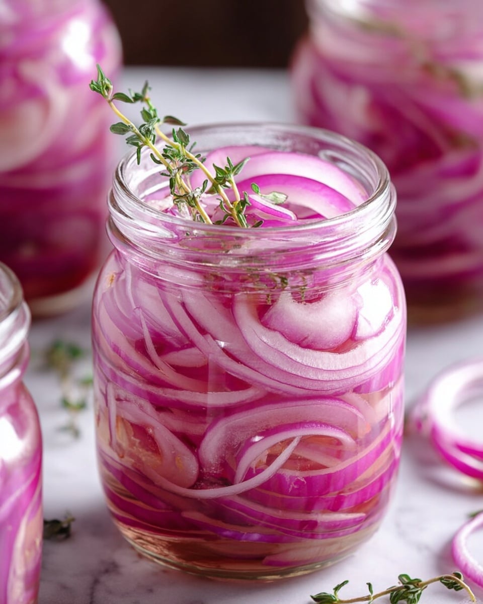 The image shows a close-up of a glass jar filled with thinly sliced pickled red onions in layers. The onion slices are light purple and pink, with a slight shine from the pickling liquid, filling the jar almost to the top. On top of the onions inside the jar, there is a small green thyme sprig placed for decoration. In the background, there are blurred glass jars also filled with sliced onions, along with a white marbled surface scattered with some onion slices. Photo taken with an iphone --ar 4:5 --v 7