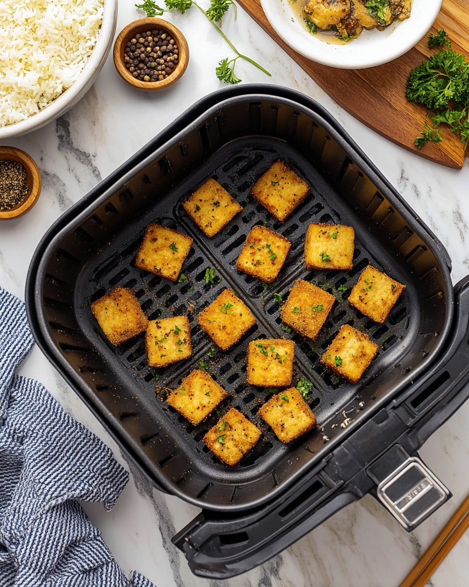 Inside a black air fryer basket, there are twelve evenly spaced golden brown crispy tofu cubes sprinkled with small green parsley leaves. The basket sits on a white marbled surface, with a blue and white striped cloth partially visible on the left. Around the basket, a white bowl of creamy rice sprinkled with pepper sits on a wooden board in the upper right corner, and a pair of light wood chopsticks rest on a simple white plate nearby. Small wooden bowls with peppercorns and fresh parsley add contrast to the scene. The colors show warm golden tofu and fresh green parsley against the dark black air fryer and white marbled texture background. Photo taken with an iphone --ar 4:5 --v 7
