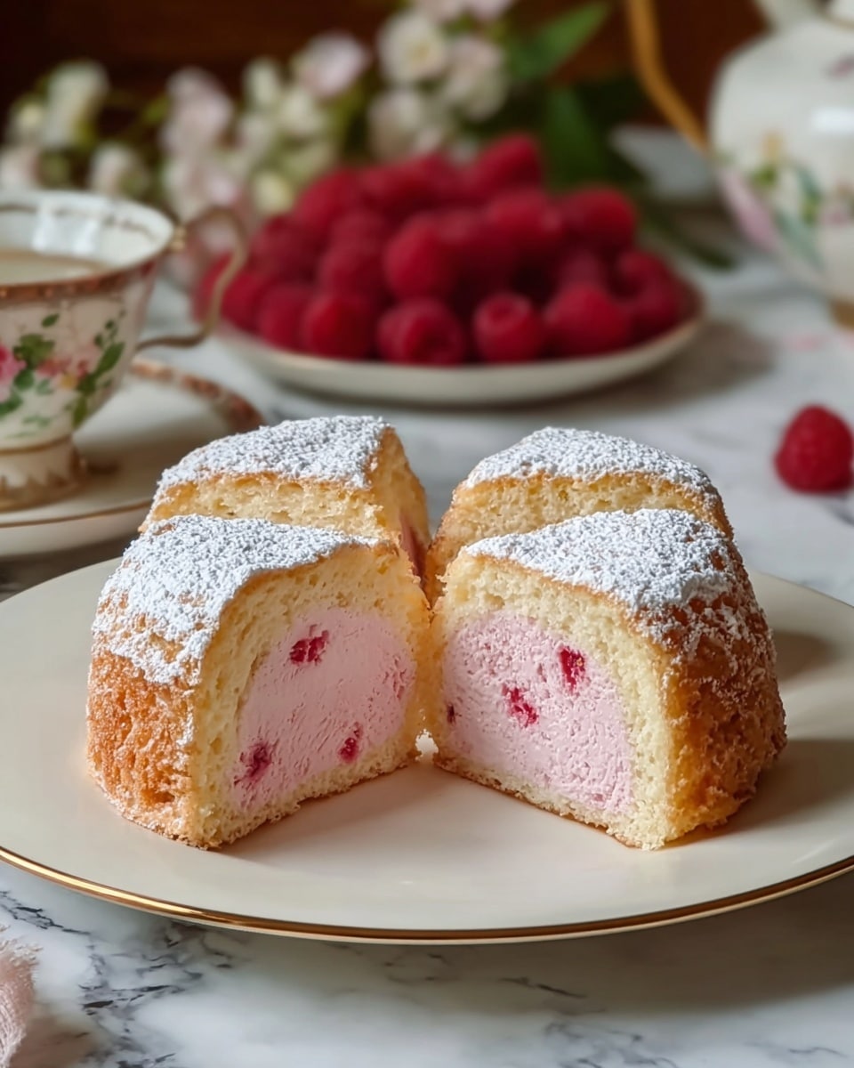 A small round cake sliced into four parts is placed on a white plate with a thin gold rim. The cake has a light dusting of powdered sugar on top. It has two main layers: the outer layer is golden-brown with a soft, fluffy texture, and the inner layer is pale pink with a smooth, moist appearance. A few small red spots are visible within the pink layer, suggesting hints of fruit. The cake is set on a white marbled surface with a blurred background that includes a bunch of red raspberries on a white plate and a teapot with floral design. Photo taken with an iphone --ar 4:5 --v 7