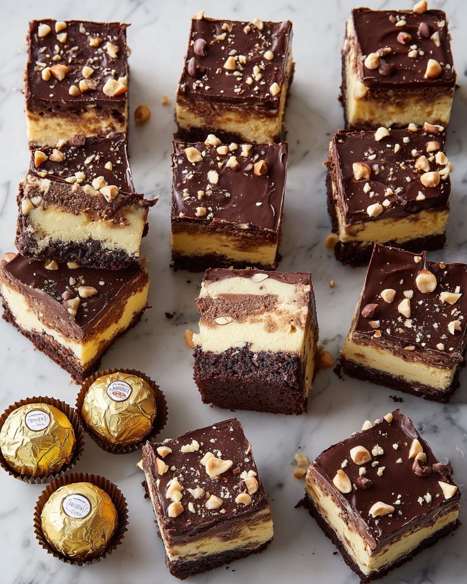 The image shows several square pieces of layered dessert arranged on a white marbled surface. Each piece has three main layers: a bottom layer of dense, dark brown chocolate cake, a thick middle layer of creamy, light yellow cheesecake with visible whole hazelnuts inside, and a top layer covered with a smooth, dark chocolate glaze sprinkled with small chopped nuts. Among the dessert squares are a few wrapped Ferrero Rocher chocolates in gold foil with brown paper cups. The scene is bright and clear, with a neat arrangement and some pieces slightly turned to show the layers inside. Photo taken with an iphone --ar 4:5 --v 7