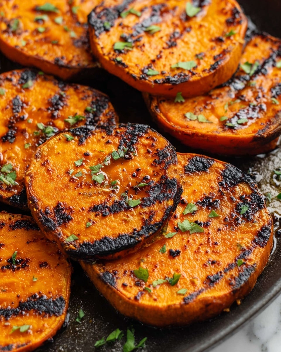 The image shows several thick slices of sweet potato that have been grilled, each having a slightly charred surface with dark brown to black marks and a bright orange interior. The edges are crisp and caramelized, with glistening spots of oil or glaze on top. Small green herb leaves are sprinkled over the slices, adding a fresh color contrast. The sweet potato slices are arranged closely together on a dark cooking pan, placed on a white marbled surface. The texture looks soft inside with a slightly crispy outside. photo taken with an iphone --ar 4:5 --v 7