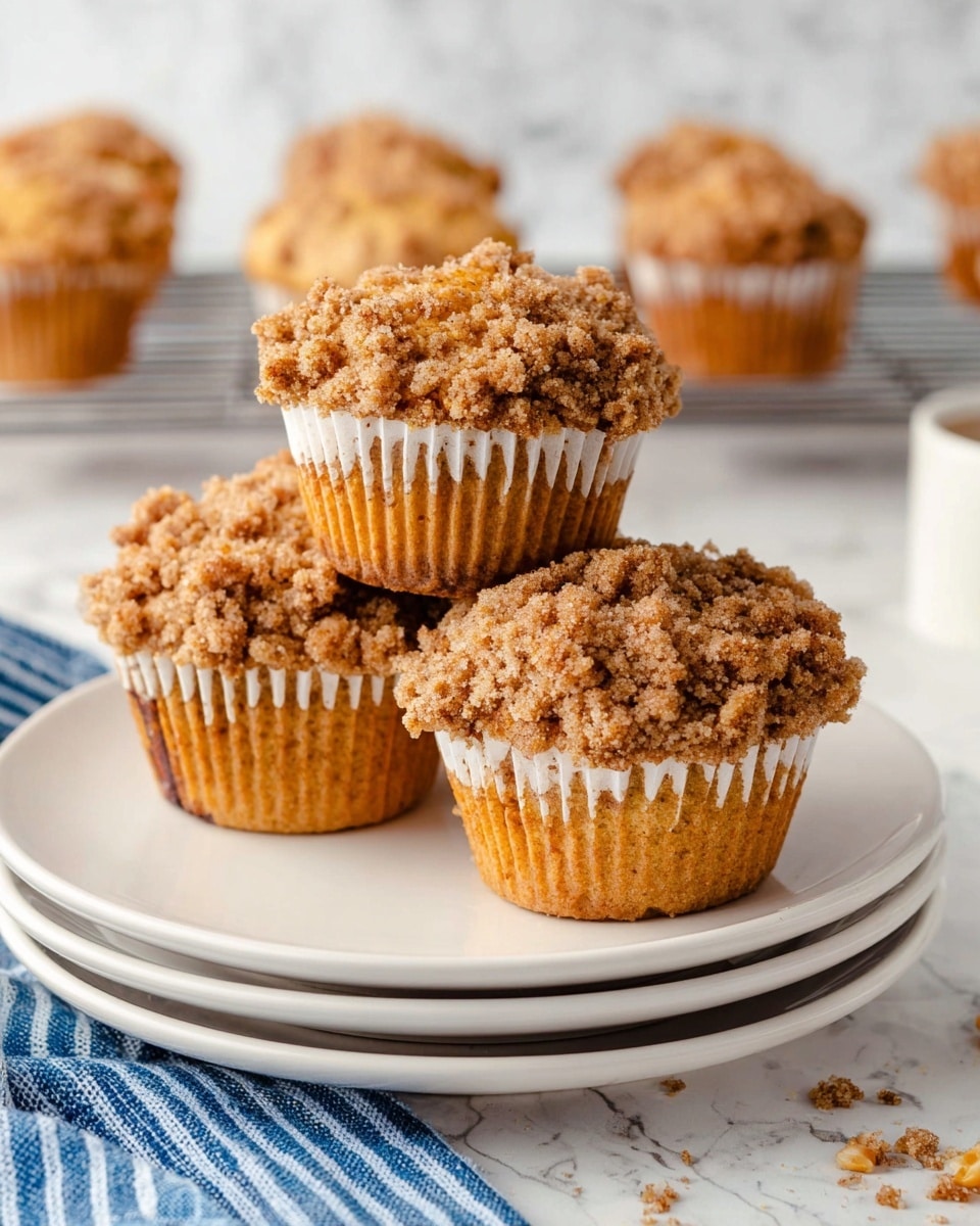 The image shows three crumb-topped muffins placed closely together on a stack of three white plates with a smooth finish. Each muffin has two layers: the base layer is a light brown cake wrapped in a white paper liner with visible brown specks, and the top layer is a thick, crumbly, golden brown streusel topping with small nut pieces scattered throughout. The background includes a white marbled surface and a soft-focus view of more muffins on a cooling rack. Some crumbs and small nut fragments are scattered around the plates, and a blue and white striped cloth is partially visible in the lower-left corner. Photo taken with an iphone --ar 4:5 --v 7