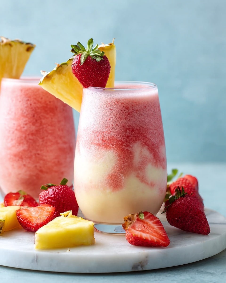 Two glasses filled with a creamy, blended drink showing a mix of pink and light cream colors swirled together, creating a soft, frothy texture. Each glass is garnished with a wedge of pineapple and a whole red strawberry placed on the rim. The glasses sit on a round white marble surface scattered with fresh strawberry halves and pieces of pineapple, all against a simple light blue background. Photo taken with an iphone --ar 4:5 --v 7