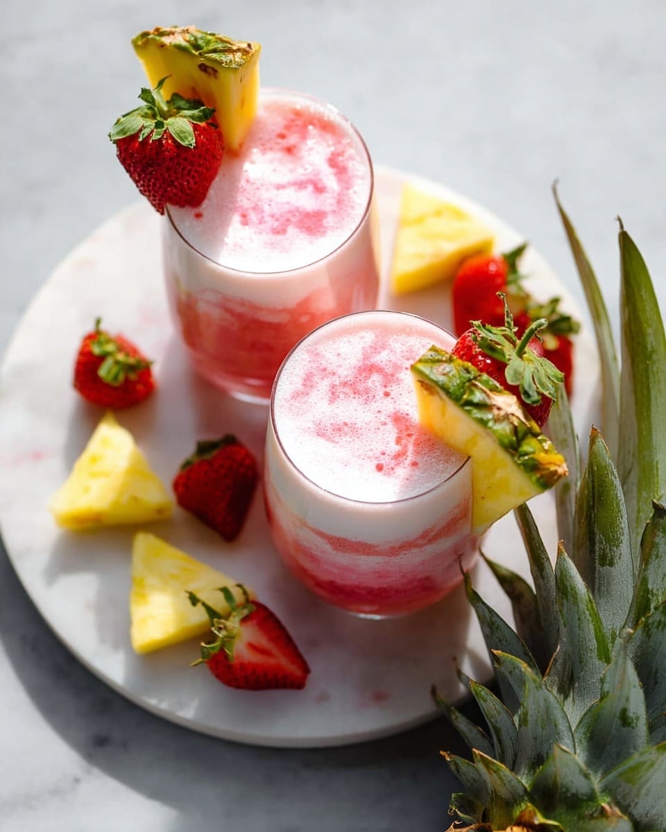 Two glasses filled with a pink and white layered frothy drink sit on a round white plate with a white marbled texture. Each glass has a foam white top mixed with light pink swirls. A bright yellow pineapple wedge with green skin and a whole red strawberry with green leaves are placed on the rim of each glass. Scattered around the glasses on the plate are small triangular pieces of yellow pineapple and halved strawberries with red flesh and green tops. On the right side, a bunch of green pineapple leaves partially enters the frame. The photo taken with an iphone --ar 4:5 --v 7