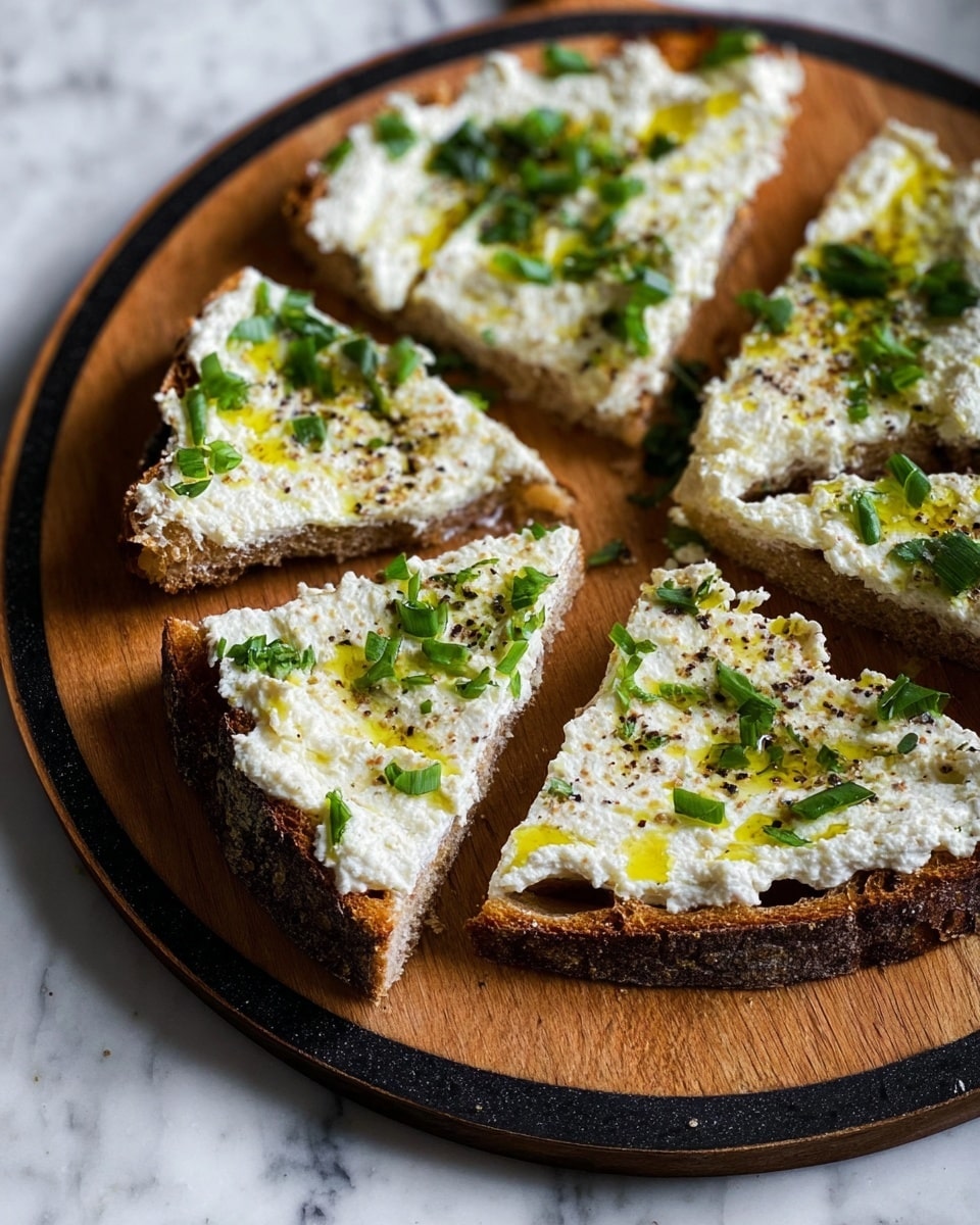 A round slice of toasted bread cut into six uneven triangular pieces is topped with a thick layer of white creamy spread. The spread has a slightly grainy texture and is drizzled with golden olive oil. Small green chopped herbs are scattered on top along with specks of black pepper. The toasted bread has a dark brown, crisp crust and is placed on a round wooden board with a black edge. The background is a white marbled surface. photo taken with an iphone --ar 4:5 --v 7