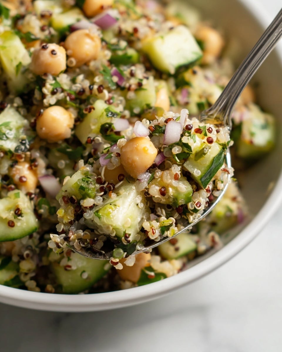 A close-up shows a white bowl filled with a fresh salad made of three main layers. The bottom layer has light green cucumber cubes with smooth skin and a juicy texture. The middle layer is made of beige chickpeas, round and soft. The top layer includes fluffy cooked quinoa with small grains in white, red, and black colors, mixed with chopped fresh green herbs and bits of purple onion. The salad is held by a silver spoon scooping from the bowl, with the spoon slightly lifted. The background is a white marbled texture. photo taken with an iphone --ar 4:5 --v 7