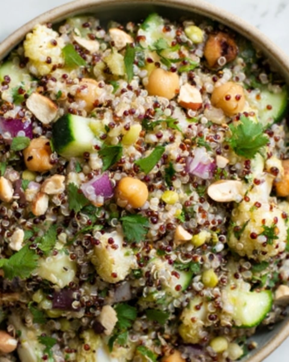 The image shows a close-up of a colorful quinoa salad in a bowl. The salad has several layers and textures, including small fluffy white and red quinoa grains forming the base, mixed with light green cucumber slices, pale yellow cauliflower pieces, and whole beige chickpeas scattered on top. There are also chopped red onions adding purple color, and green cilantro leaves sprinkled throughout for freshness. Light brown roasted nuts are spread across the surface, adding crunch. Everything is mixed together with a slight gloss from the dressing, all set on a white marbled background. Photo taken with an iphone --ar 4:5 --v 7