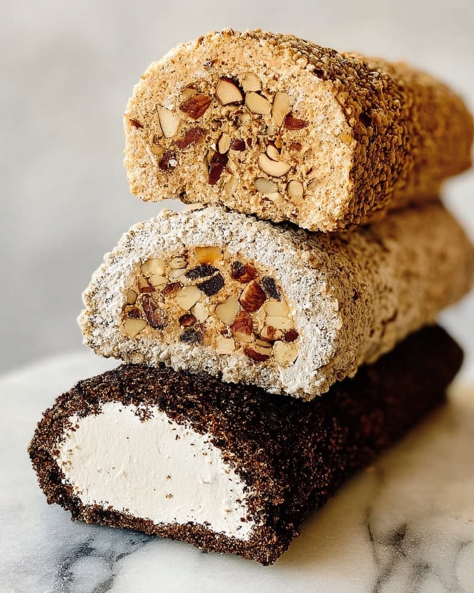 The image shows three rolled sweets stacked diagonally on a white marbled surface. The top roll is light beige with a crumbly texture inside, mixed with small nut pieces, and covered in a layer of crushed nuts on the outside. The middle roll shows a similar light beige inside with visible nuts and an outer white cream layer covered in crushed nuts. The bottom roll has a dark brown, dense inside with a rough texture and a white cream layer visible inside with a coating of small dark crumbs on the outside. All rolls have a soft, thick outer layer with different coatings, giving a variety of textures and colors. photo taken with an iphone --ar 4:5 --v 7