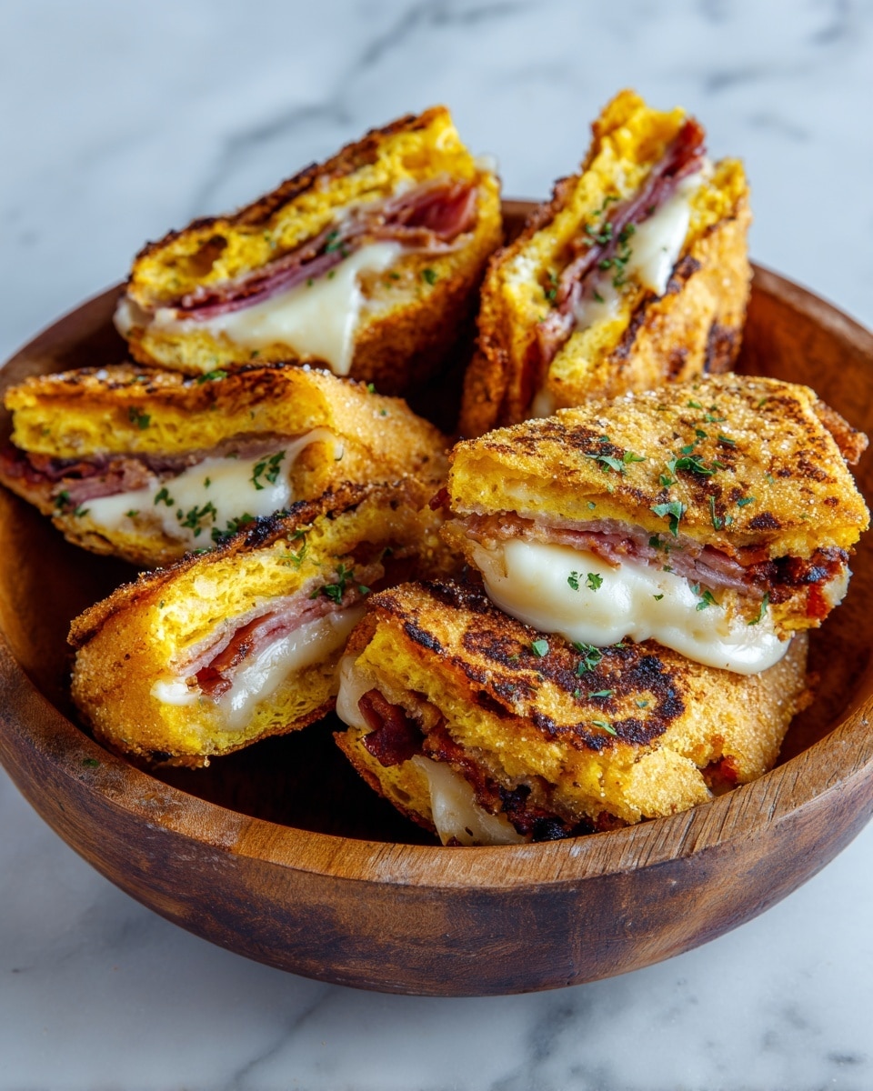 The image shows a round wooden bowl filled with six sandwiches made of golden, crispy fried bread with dark brown spots. Each sandwich has two thick bread layers that are golden yellow with a crunchy texture on the outside. Inside each sandwich, there is a layer of melted white cheese and a layer of dark reddish-brown meat. The sandwiches are sprinkled with small pieces of green herbs on top, adding a fresh touch. The bowl is set on a white marbled surface. photo taken with an iphone --ar 4:5 --v 7