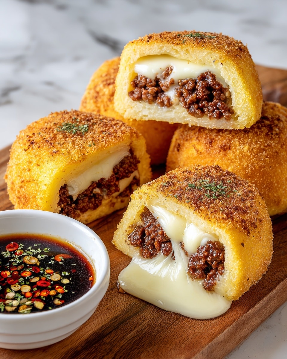The image shows four golden-brown stuffed cakes, each cut in half to reveal a white melted cheese layer and a dark reddish-brown meat filling inside. The cakes have two thick outer layers with a crispy texture and a warm yellow color. They are placed closely on a wooden board, with the top half of the closest cake slightly lifted, showing the gooey white cheese inside. A white bowl with a dark soy-based sauce, sprinkled with green herbs and red chili flakes, is on the left side near the cakes. The whole scene is set on a white marbled textured surface, making the food look fresh and inviting. Photo taken with an iphone --ar 4:5 --v 7