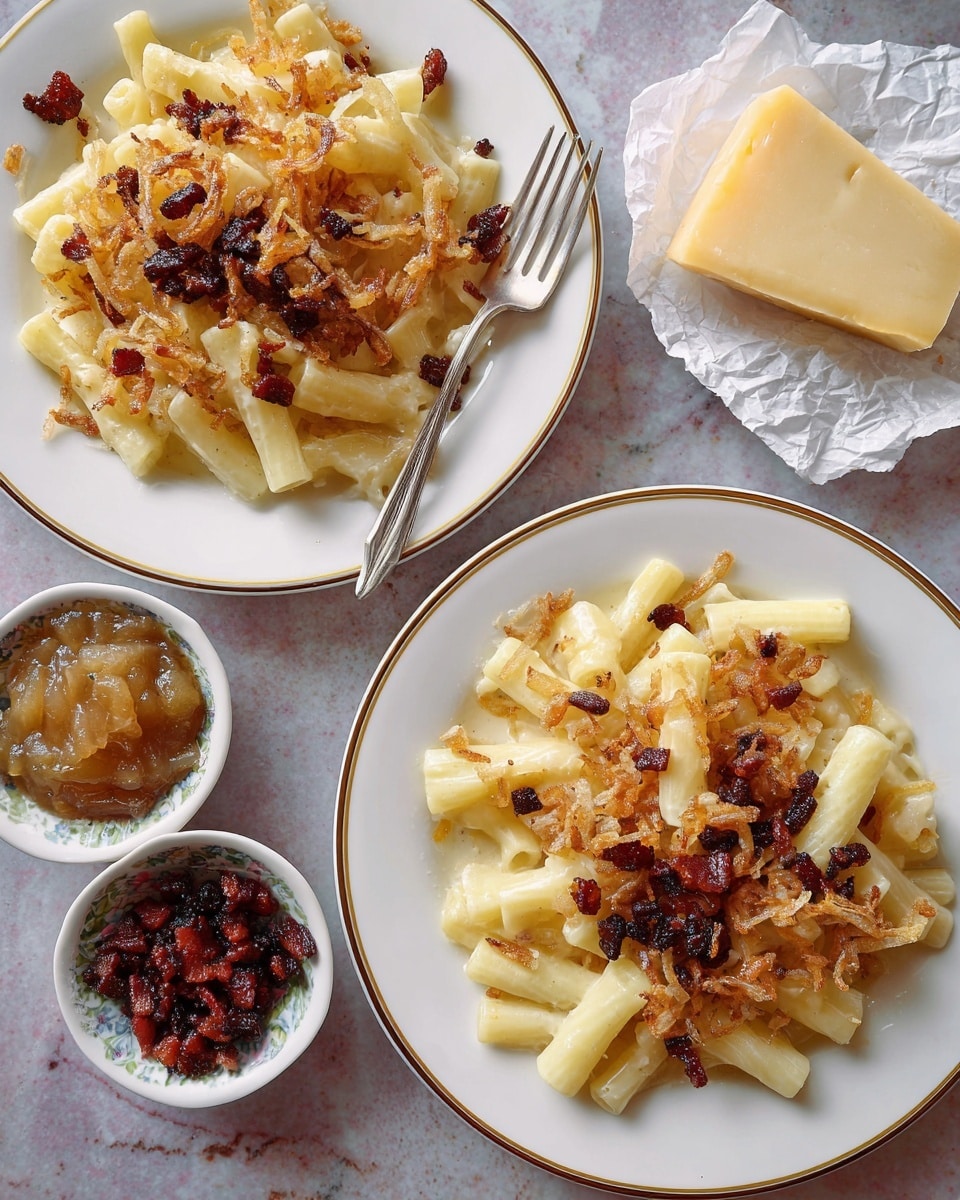 Two white plates with a thin gold rim contain creamy pasta shaped like short tubes, arranged in a loose pile as the base layer. On the plate at the bottom right, the pasta is topped with golden brown fried onions and dark crispy bacon bits, showing a mix of textures with the soft pasta under the crunchy toppings. On the plate at the top left, the pasta is covered with only golden fried onions. Both plates have a silver fork placed near the edge. Surrounding the plates, there are small white bowls filled with extra toppings: one with dark crispy bacon, one with golden fried onions, and one with a smooth, light brown applesauce. A chunk of pale yellow cheese wrapped in crumpled white paper rests on the top right. The scene is set on a flat white marbled surface. photo taken with an iphone --ar 4:5 --v 7