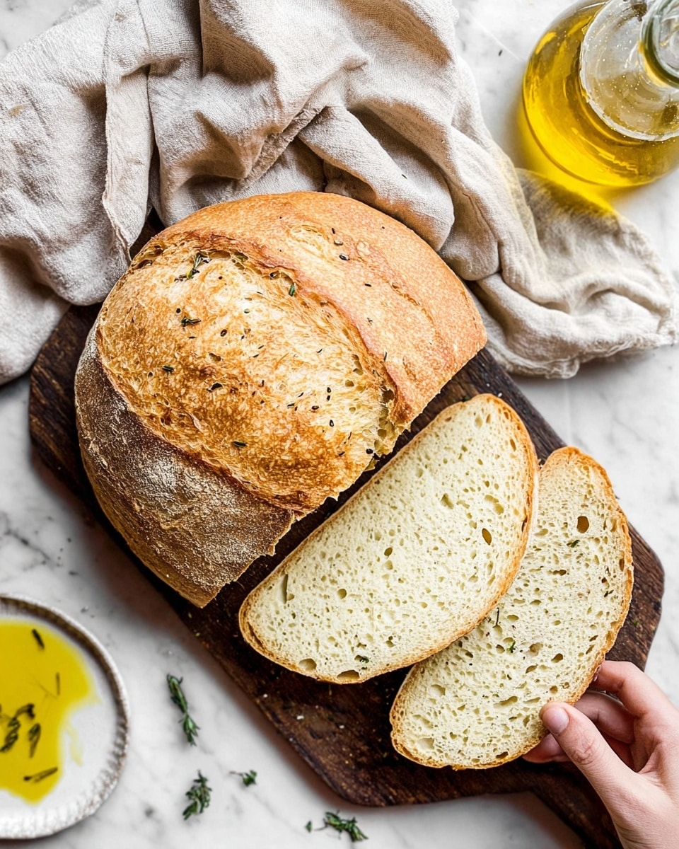 A round loaf of bread with a golden brown crust sits on a dark wooden cutting board against a white marbled background. Three thick slices of light, airy bread with small holes and a slightly speckled texture lie beside the loaf, with a woman's hand holding the bottom slice. In the upper right corner, a clear glass bottle filled with yellow olive oil adds a bright touch. A crumpled light beige cloth is placed behind the bread, and a small white plate with a pool of olive oil and some green herbs rests in the lower left corner. Scattered small green herb leaves add freshness to the scene photo taken with an iphone --ar 4:5 --v 7