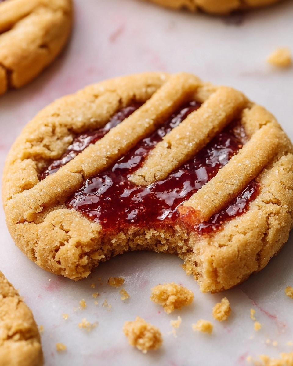The image shows a close-up of a round cookie with a golden brown color and a soft, crumbly texture. The cookie has three thick, crisscrossing strips on top, creating a lattice pattern that reveals a shiny, deep red jam layer underneath, which looks sticky and glossy. One side of the cookie has a bite taken out of it, showing its soft inside and jam filling. There are small cookie crumbs scattered around the cookie, and the background is a white marbled surface. Photo taken with an iphone --ar 4:5 --v 7