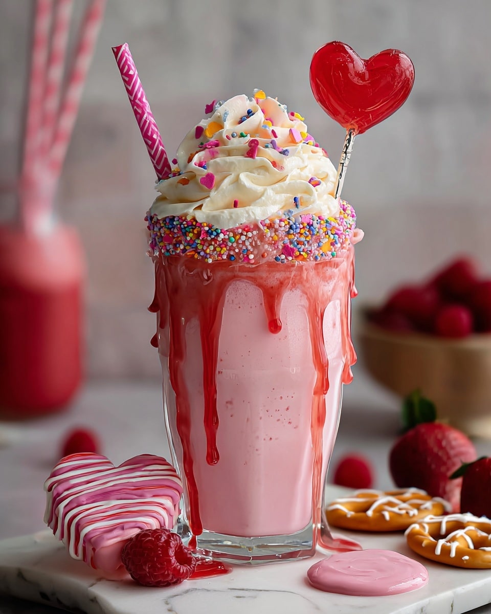 A creamy pink milkshake sits inside a clear glass, with the bottom third a darker pink layer and the top two-thirds a lighter pink layer. Bright reddish-pink syrup drips down the sides of the glass in thick streams. On top, there is a thick swirl of white whipped cream covered with colorful round sprinkles. A bright red heart-shaped lollipop sticks out from the whipped cream beside a pink and white striped straw. Nearby on the white marbled surface, there is a matching red heart lollipop, a raspberry, and a white mini pretzel with pink drizzle. In the blurred background, there are red berries and another pink drink with a striped straw. Photo taken with an iphone --ar 4:5 --v 7