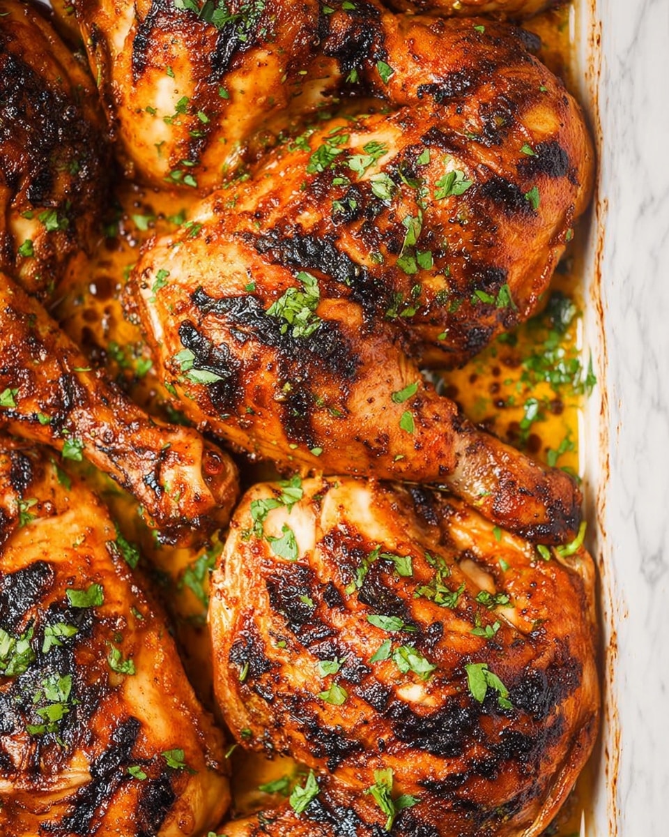 The image shows several pieces of cooked chicken quarters with skin on, laid close together in a white baking dish. The chicken skin is golden brown with dark grilled marks and small charred spots, giving a crispy texture. Bright green chopped herbs are sprinkled evenly over the chicken, adding a fresh contrast to the rich brown and orange tones of the crispy skin. The chicken pieces appear juicy with a slight glaze in some parts, resting on a light layer of cooking juices. The background is a white marbled texture, bringing focus to the richly colored chicken. photo taken with an iphone --ar 4:5 --v 7
