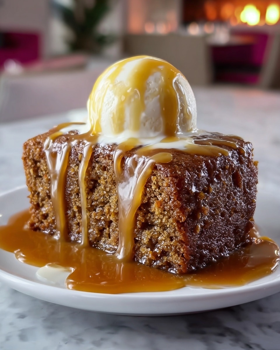 A thick slice of moist brown cake with a slightly crumbly texture is shown on a white plate. It is covered with a shiny, golden caramel sauce that drips down the sides and pools around the base. On top of the cake, there is a smooth, round scoop of white ice cream with caramel sauce drizzled over it. The background features a soft focus with warm indoor lighting and a white marbled surface beneath the plate. photo taken with an iphone --ar 4:5 --v 7