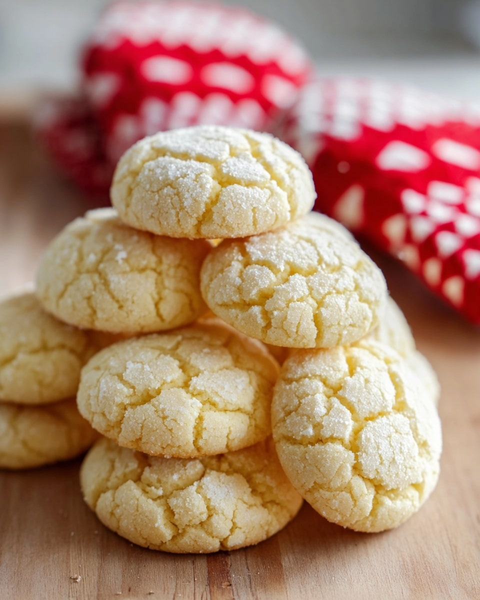 A stack of round, pale yellow cookies with a cracked, textured surface is arranged on a light wooden board, showing multiple layers of the soft, slightly crumbly treats piled on top of each other in a casual but neat formation; in the background, out of focus, two red and white checked oven mitts add a cozy, homey touch. photo taken with an iphone --ar 4:5 --v 7