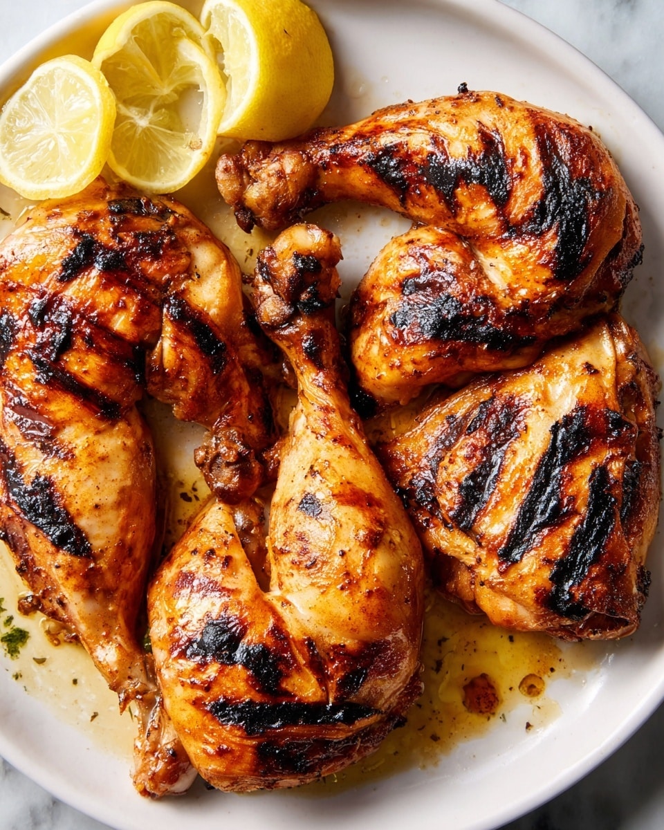 A close-up view of four grilled chicken legs arranged in a circular pattern on a white plate, each piece golden brown with charred grill marks and juicy texture. The chicken skin has a slightly crispy, caramelized surface with darker burnt spots. There are three lemon wedges placed together on the top left side of the plate, showing their pale yellow inner flesh and smooth rind. Juices from the chicken pool lightly on the plate, adding a shiny, oily glaze to the dish. The plate sits on a white marbled surface. Photo taken with an iphone --ar 4:5 --v 7